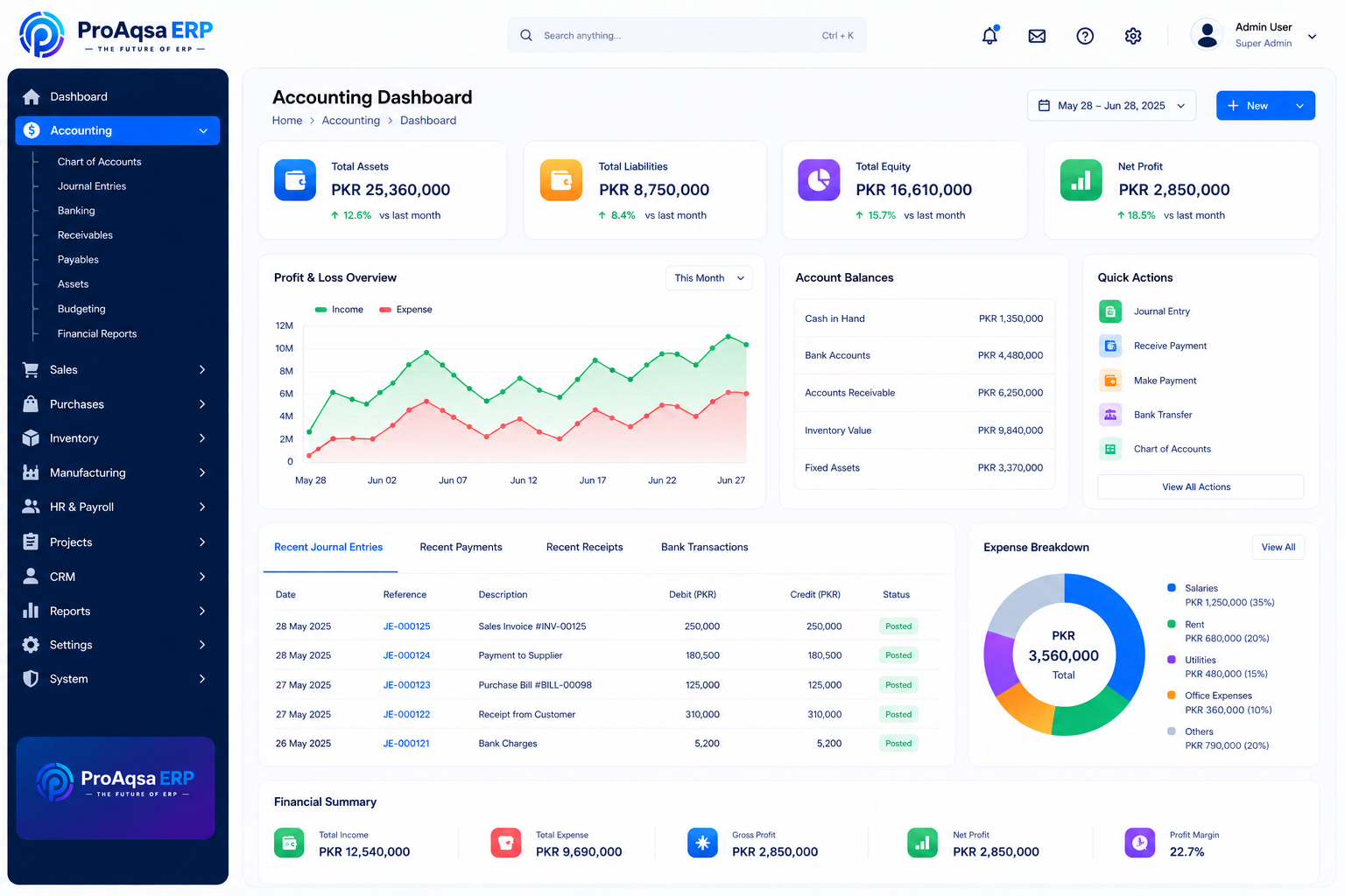 Illustrative ProAqsa ERP accounting overview with balances and financial statements.