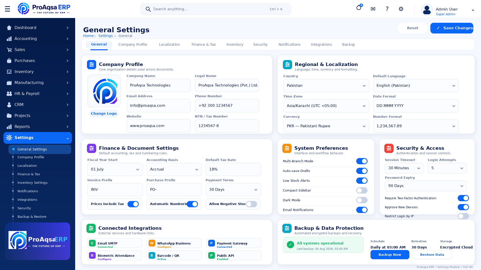 Illustrative settings workspace concept using the ProAqsa ERP design language.